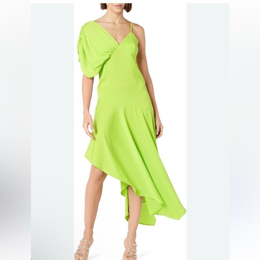 The Drop Dress Womens Lime Green One Shoulder Asymmetric Midi Party